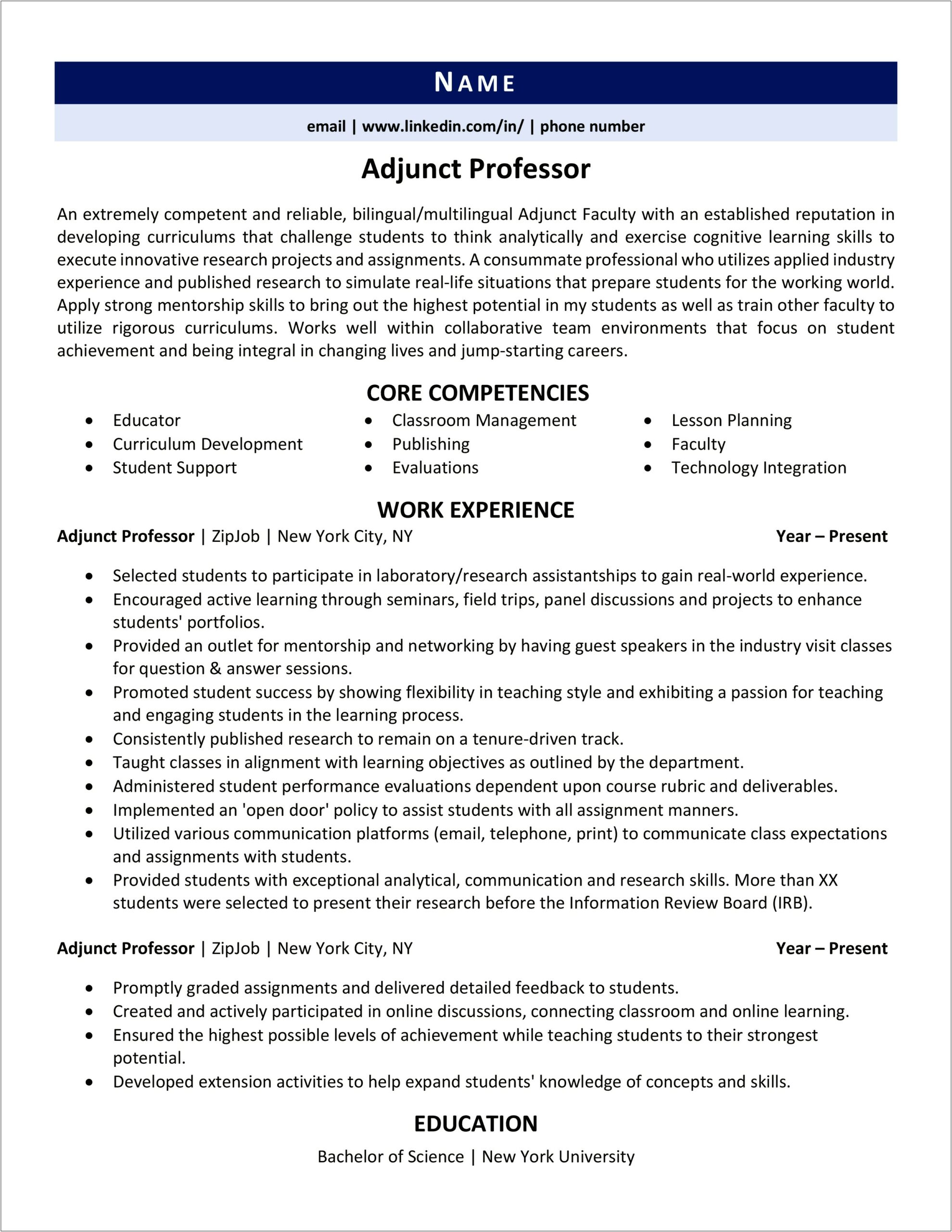 Resume Summary Statement Adjunct Communications Professor