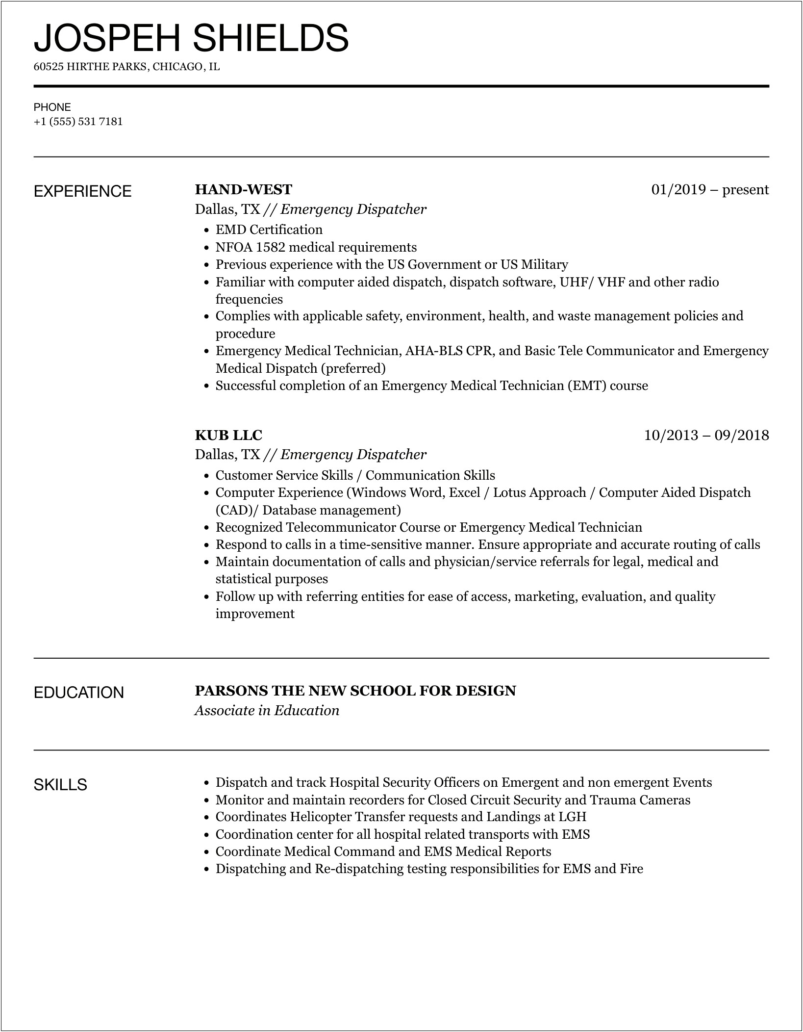 Resume Summary Statement For 911 Dispatcher