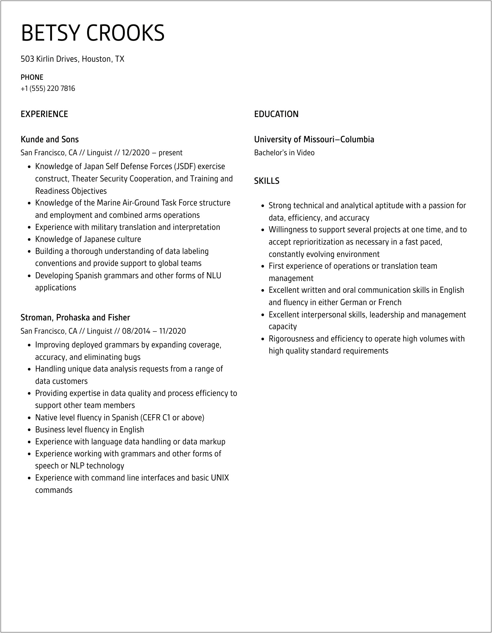 Resume Summary Statement For Linguist Examples