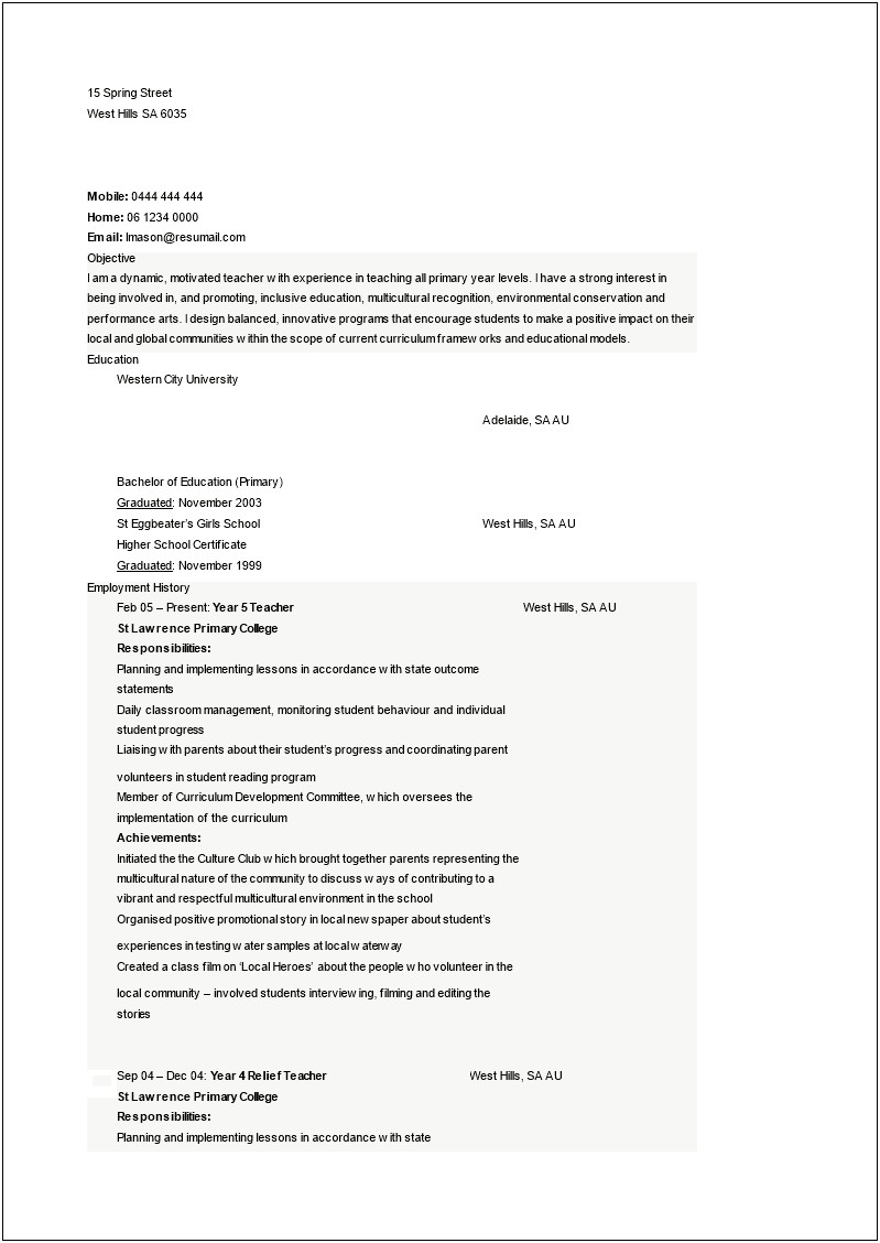 Resume Teacher For International School Model Doc