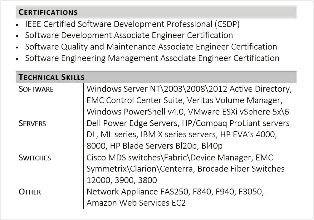 Resume Tech Level Of Skills Examples