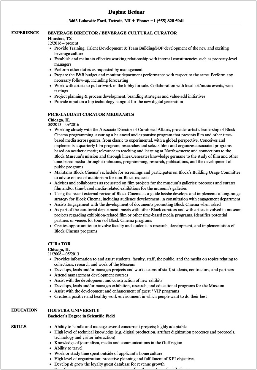 Resume Template And Emerging Student And Museum