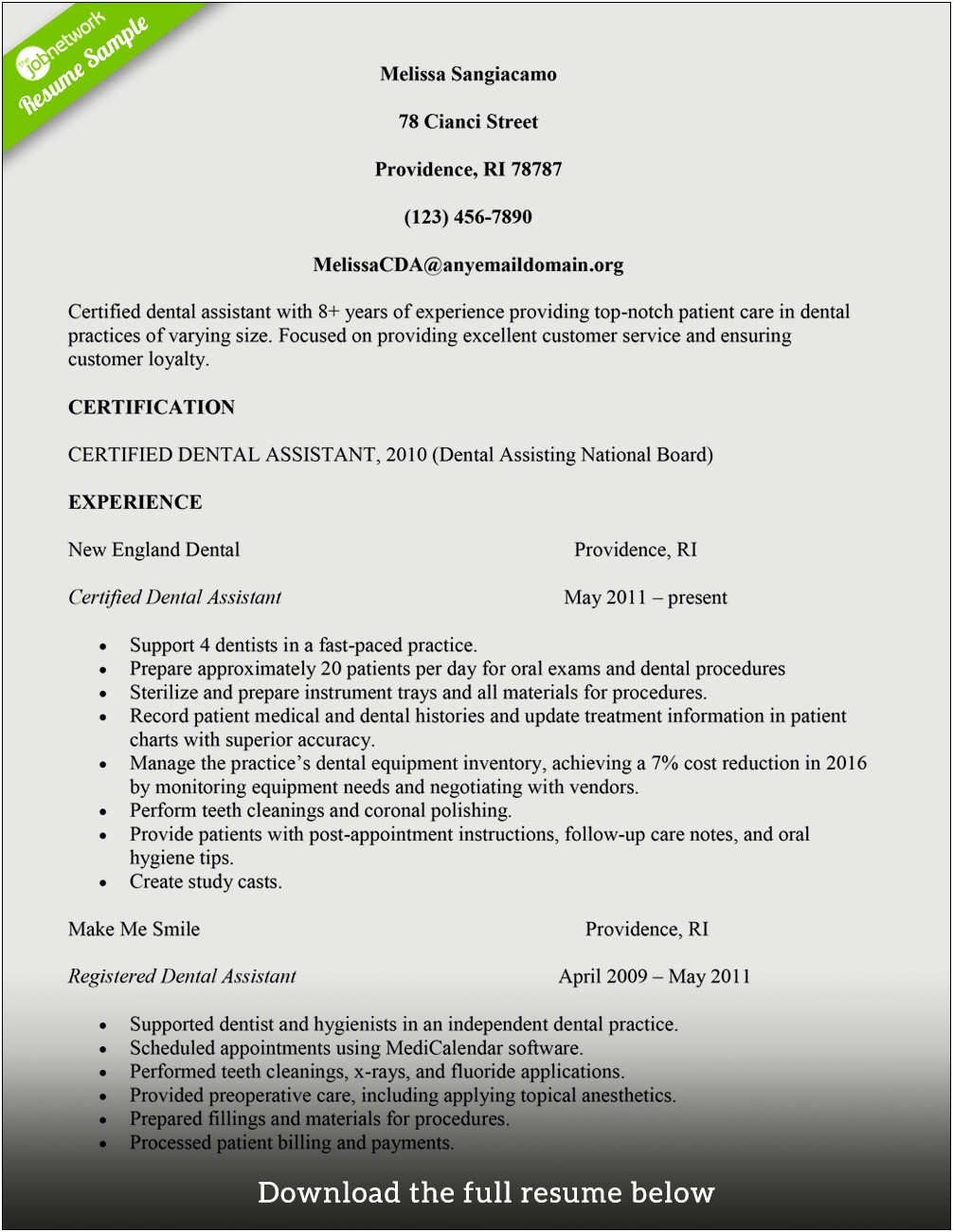 Resume Template For A Dental Assistant