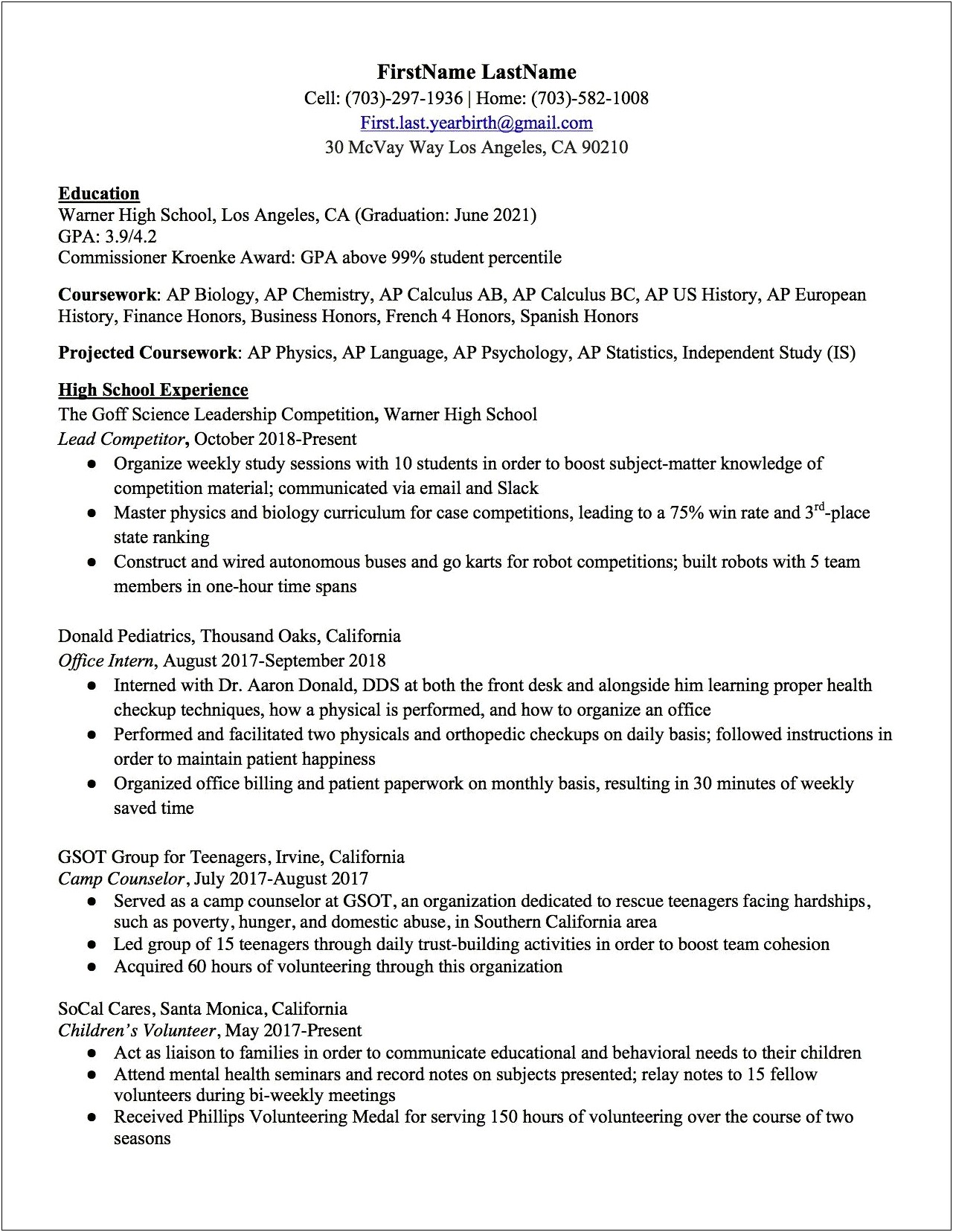 Resume Template For A Teenager With One Job