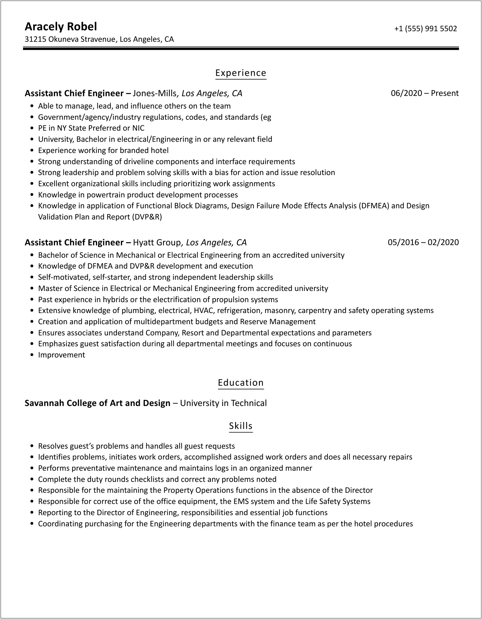 Resume Template For Assistant Chief Enginerer