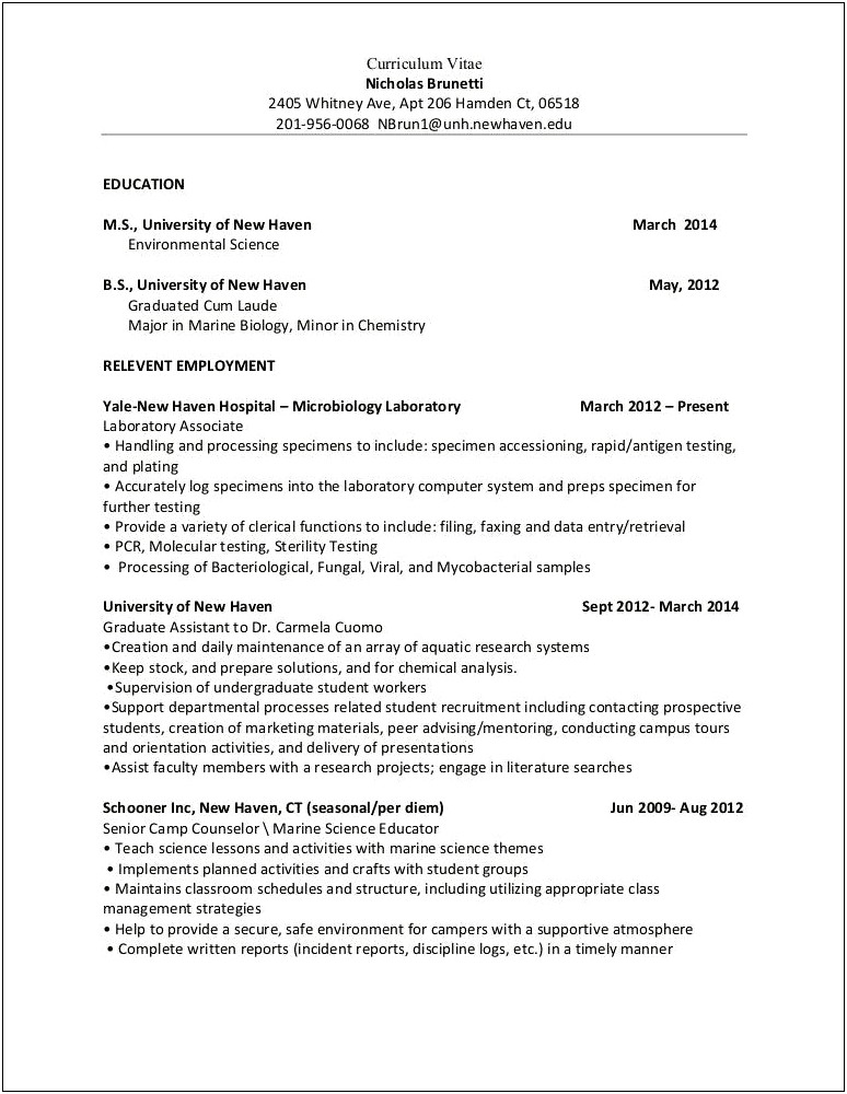 Resume Template For Biological Science Unh