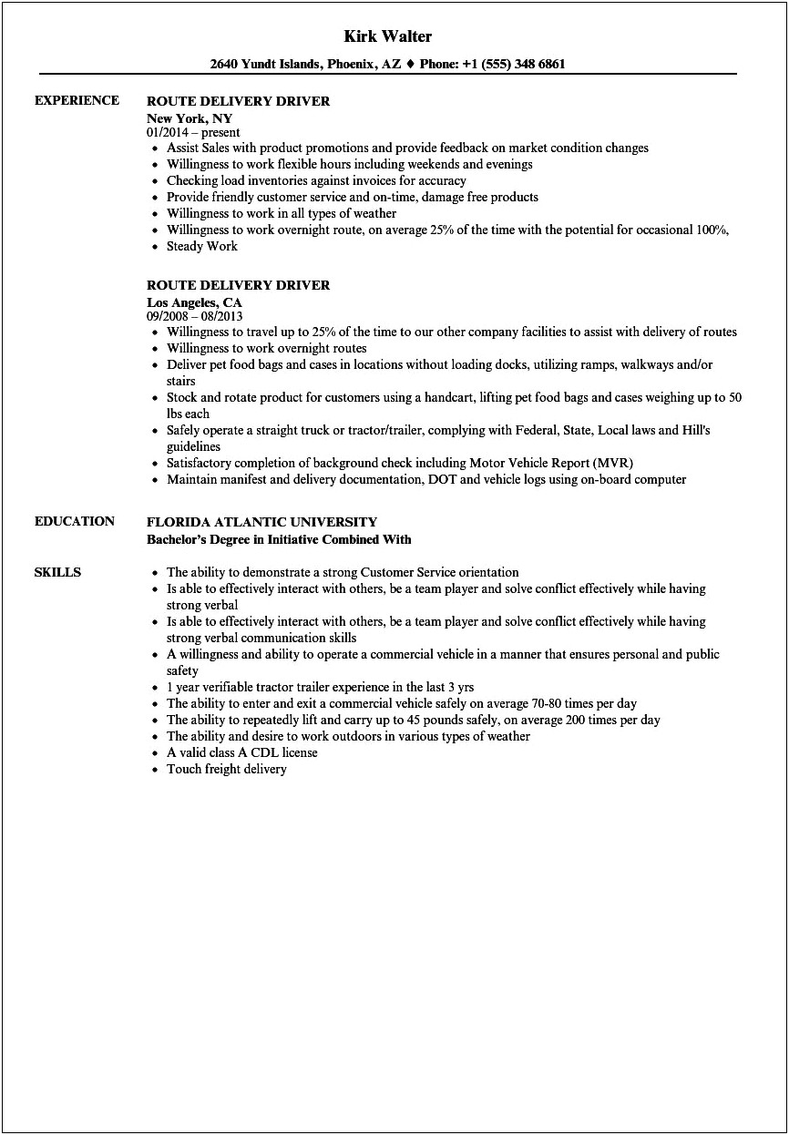 Resume Template For Delivery Driver Position