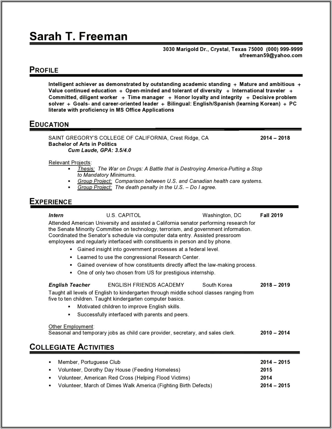 Resume Template For Entry Level Teacher