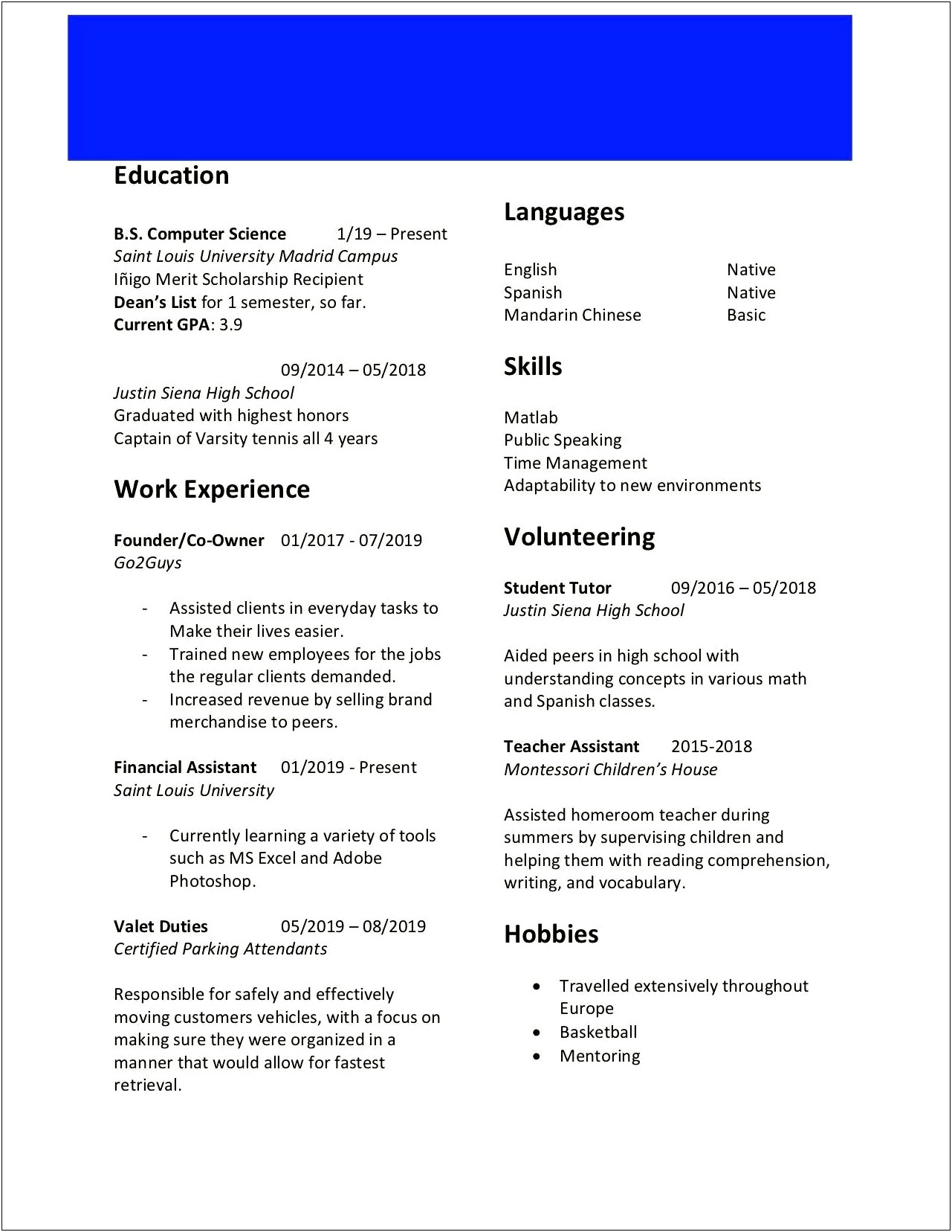 Resume Template For Freshman College Student Summer Job