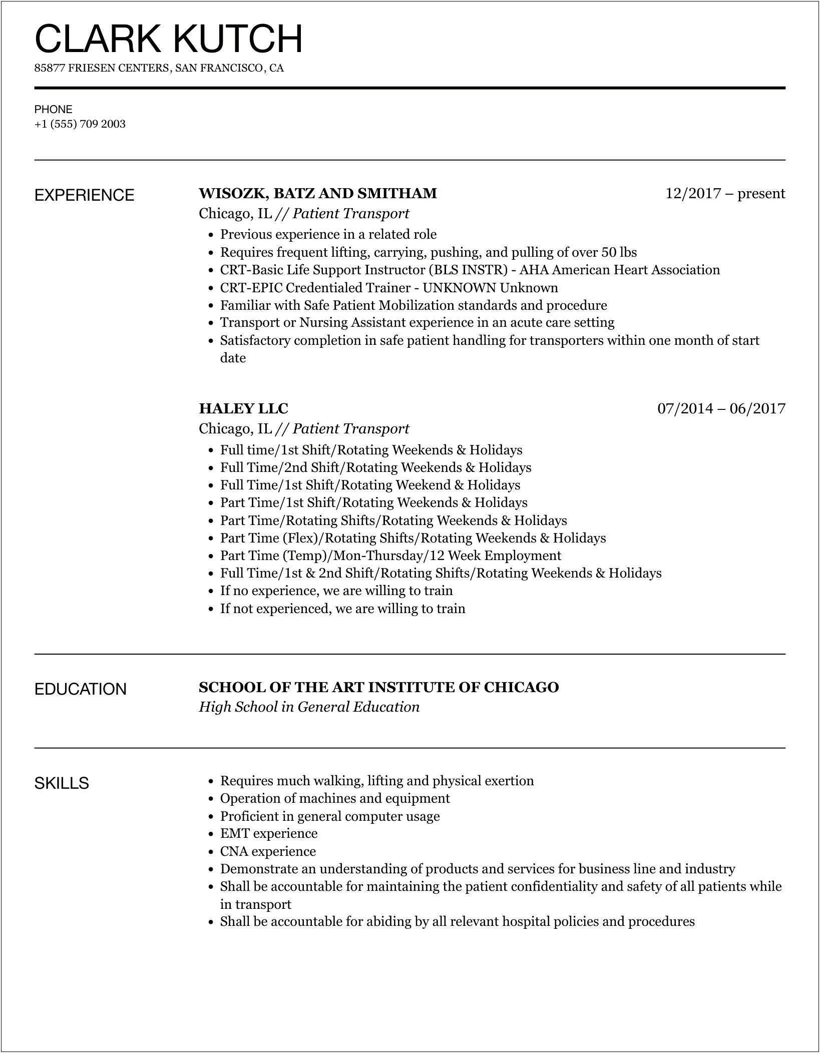 Resume Template For Hospital Jobs For Patient Transport