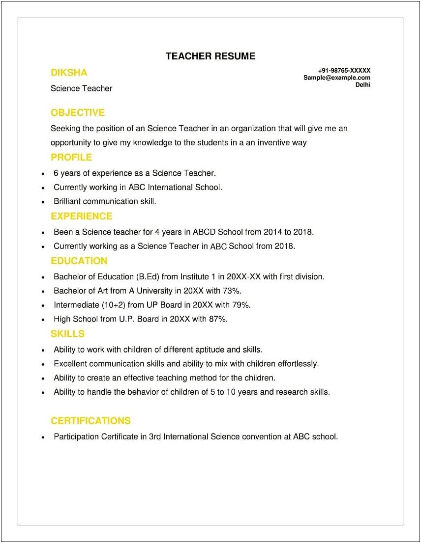 Resume Template For Indian Teaching Job