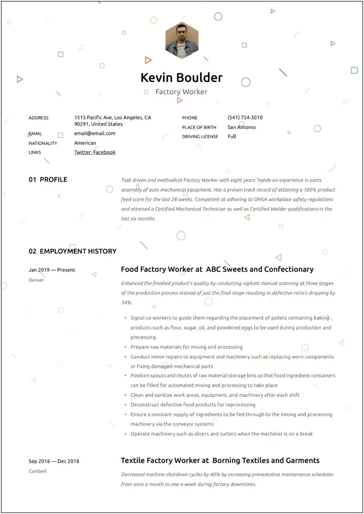 Resume Template For Manufacturing Job In Foam Products