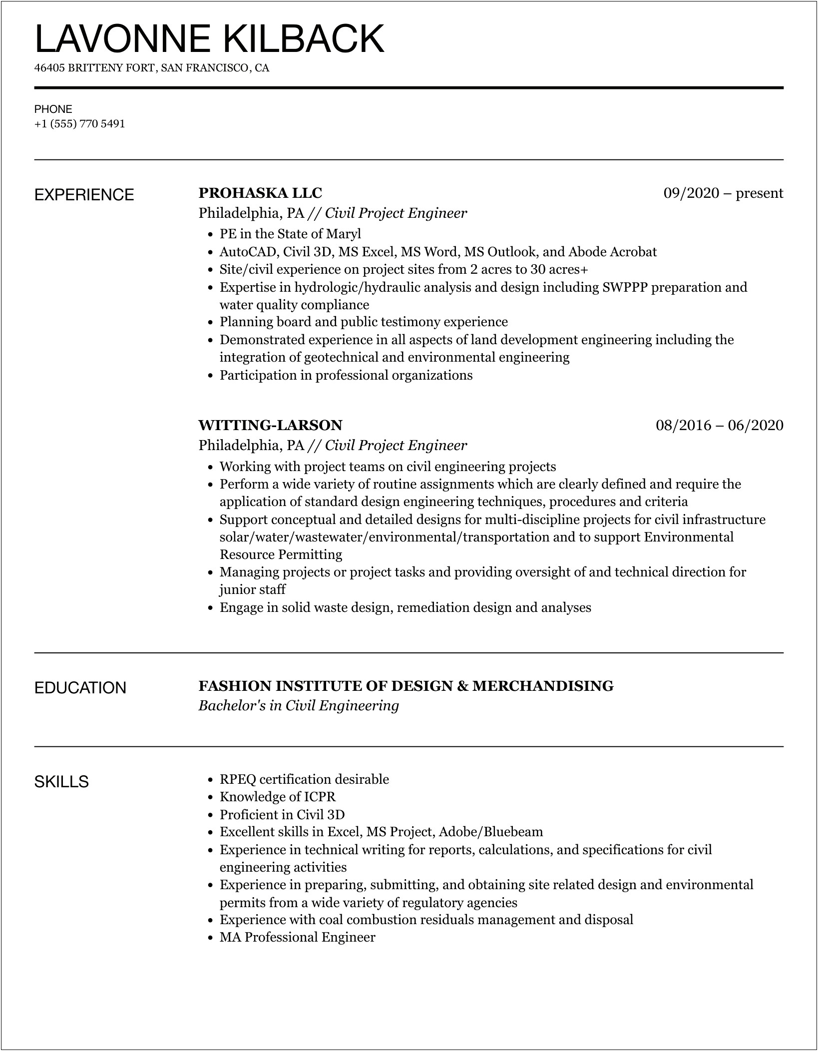 Resume Template For Mining Project Engineer