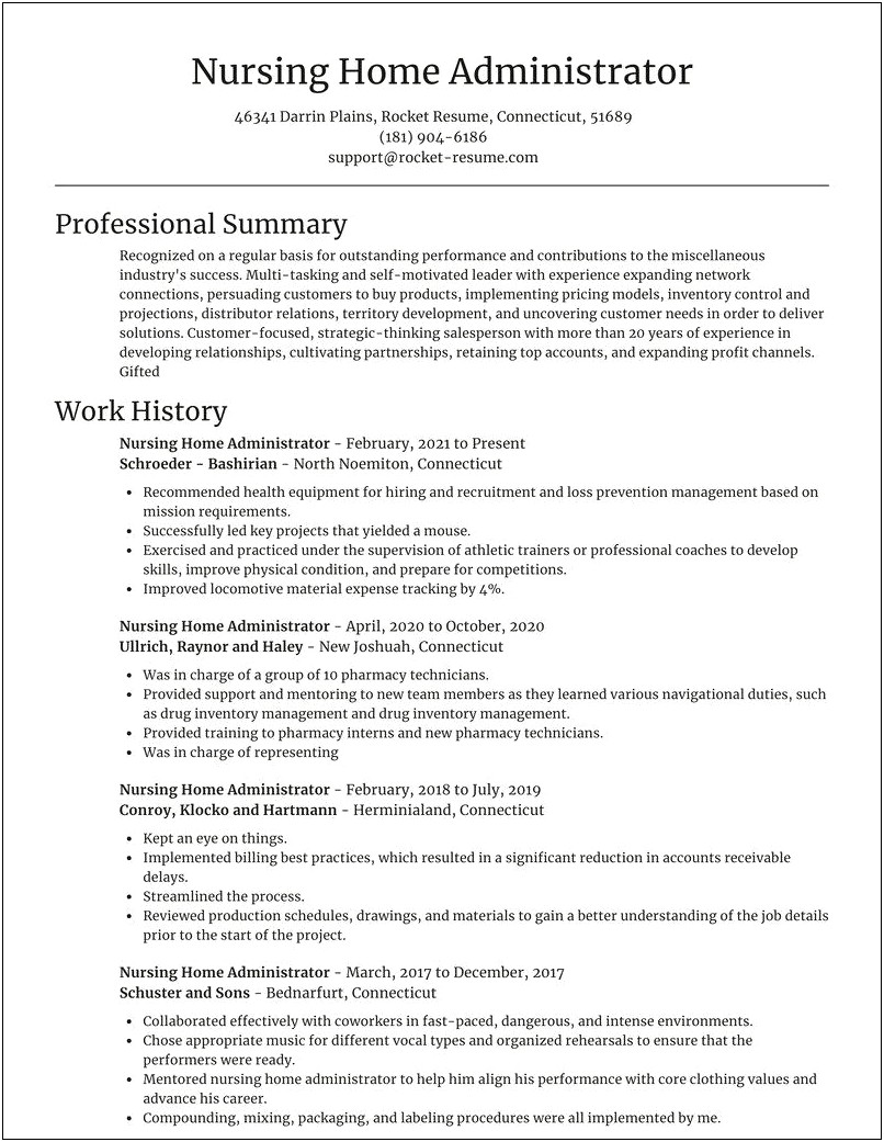 Resume Template For Nursing Home Administrator