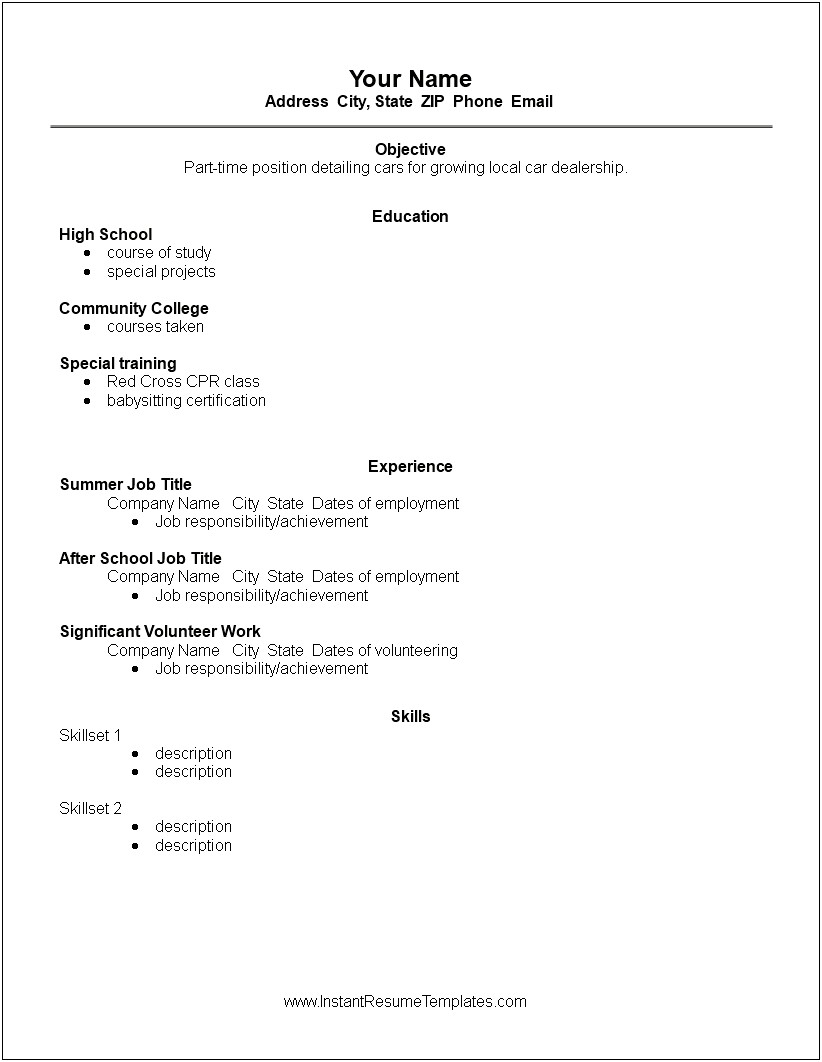 Resume Template For Summer Job College