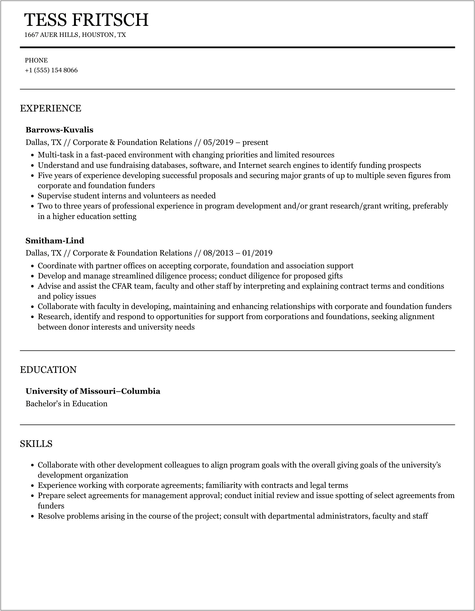 Resume Template Foundation And Corporate Grants