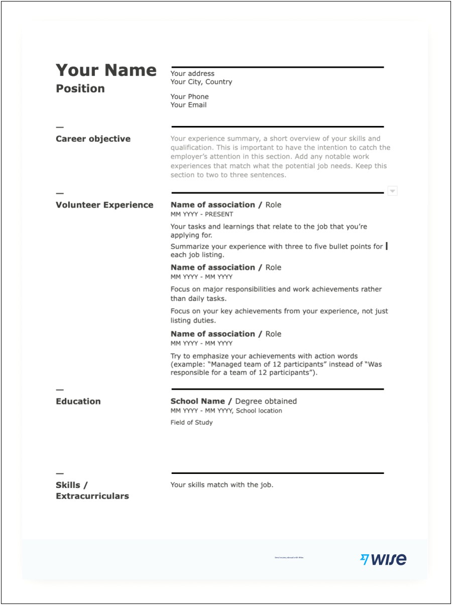 Resume Template Free For Work Study