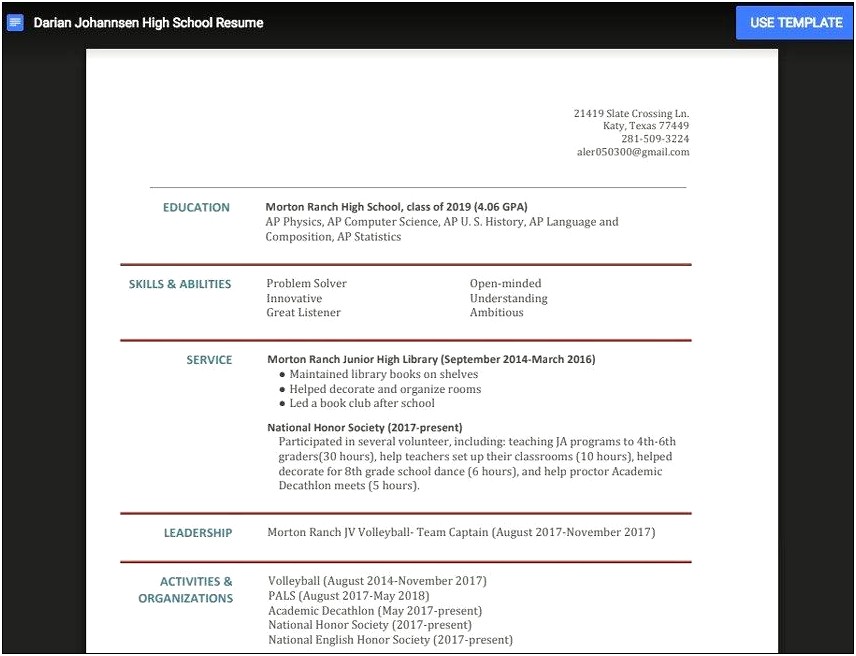 Resume Template Highschool Student Trackid Sp 006