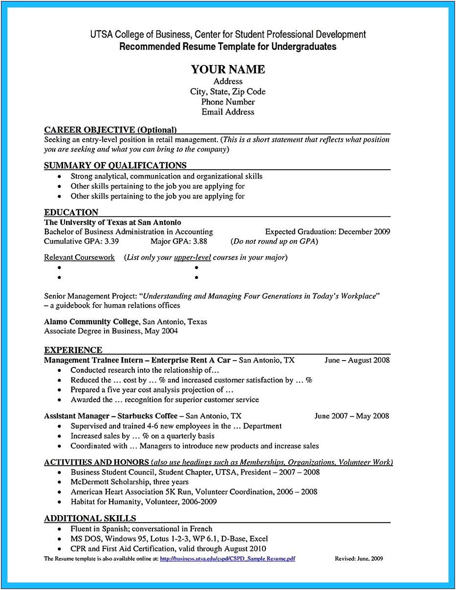 Resume Template No Experience College Graduate