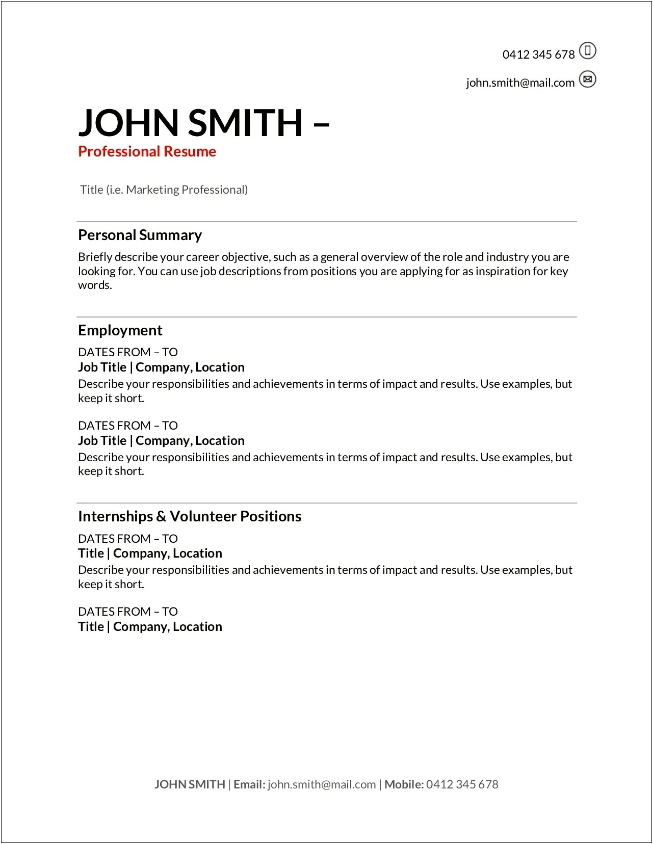 Resume Template Professional Summary Download Word