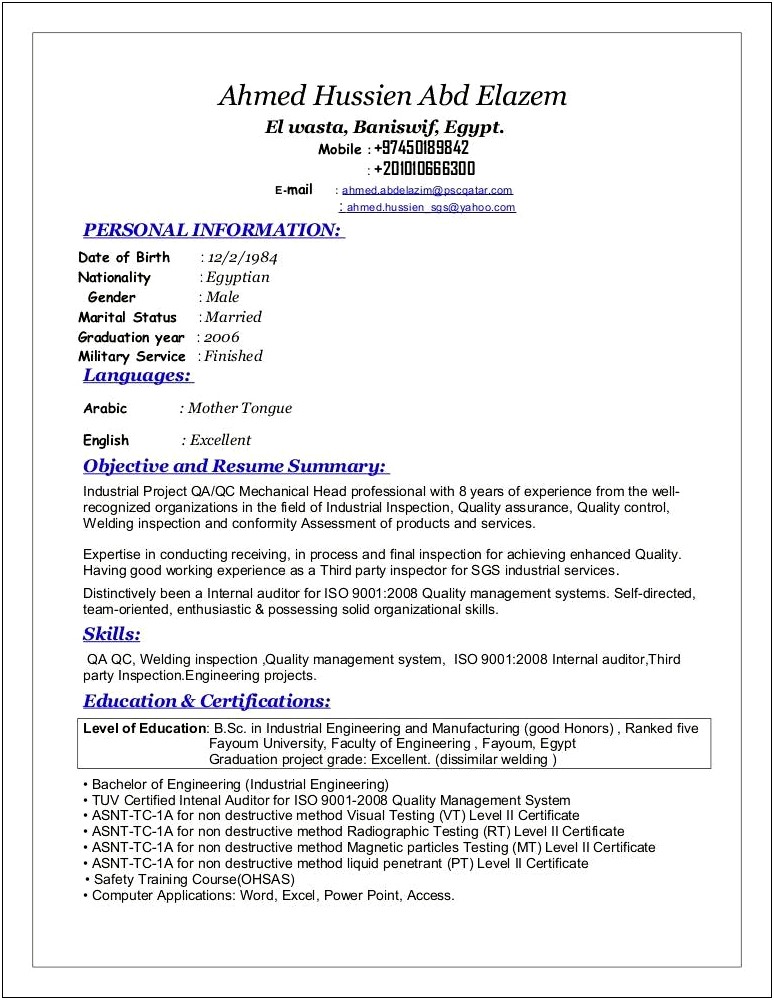 Resume Templates For 7 Year Experience Mechanical Engineers