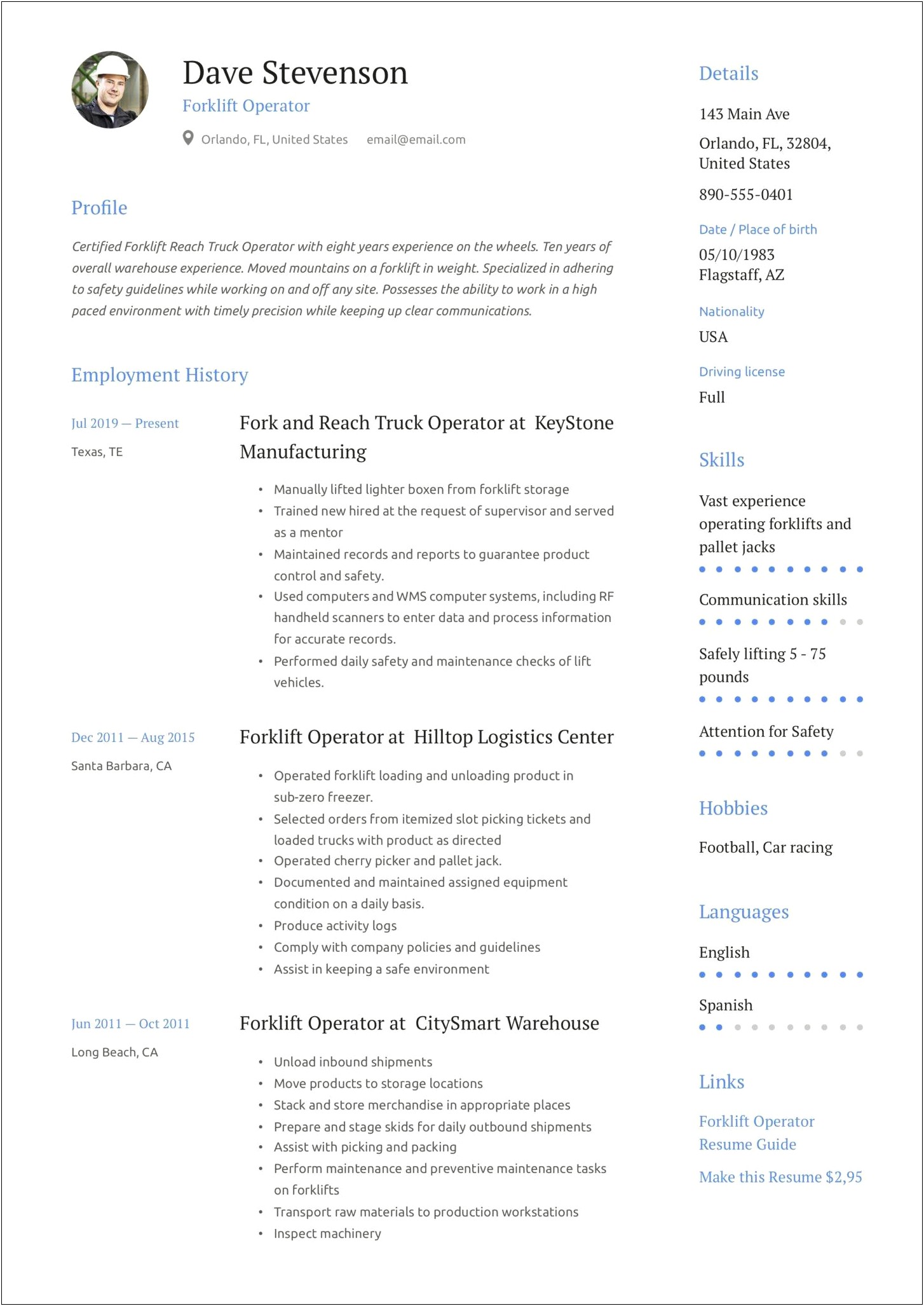 Resume Templates For Fork Lift Driver