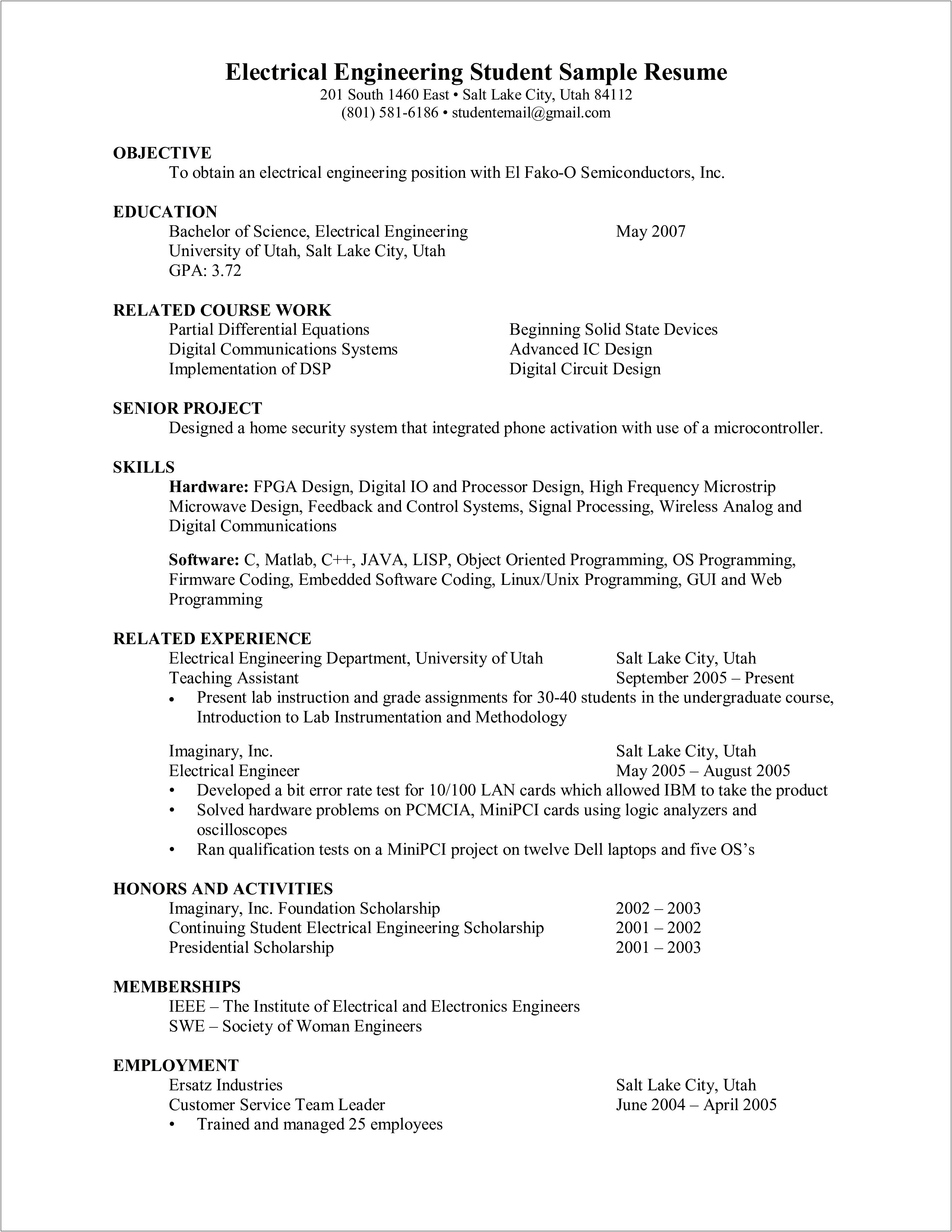 Resume Templates For Fresher Engineer