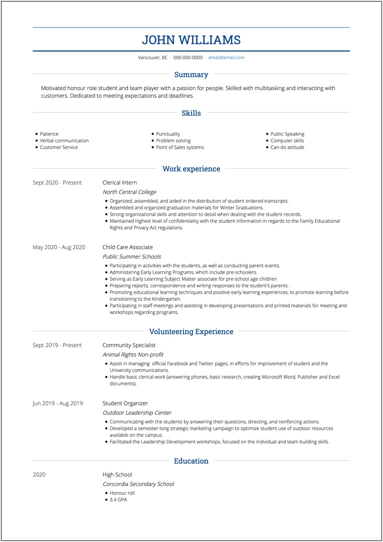 Resume Templates For Highschool Students With Little Experience