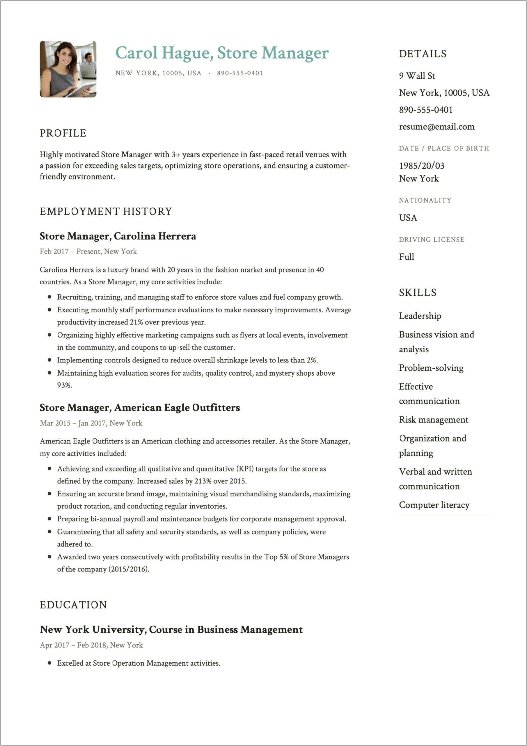 Resume Templates For Retail Management Positions