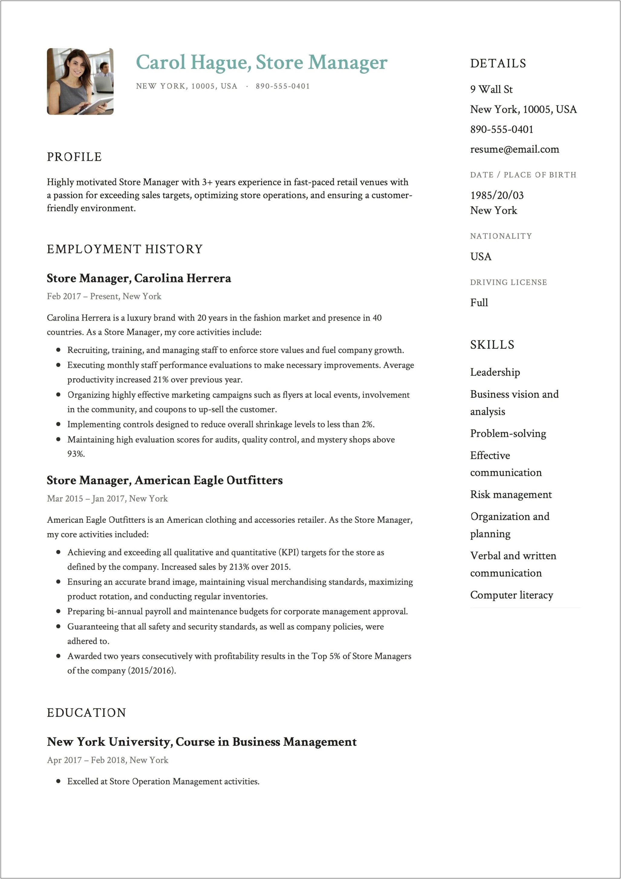 Resume Templates For Retail Management Positions