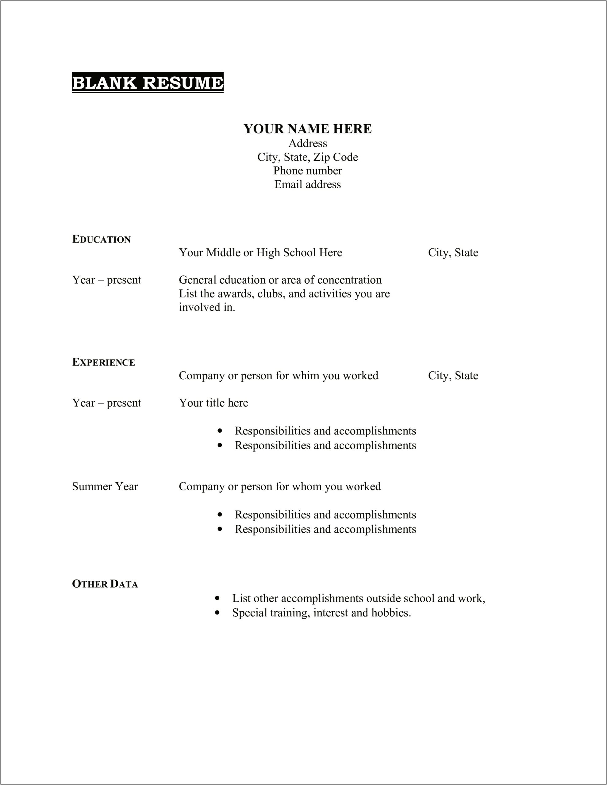 Resume Templates To Fill In The Blanks