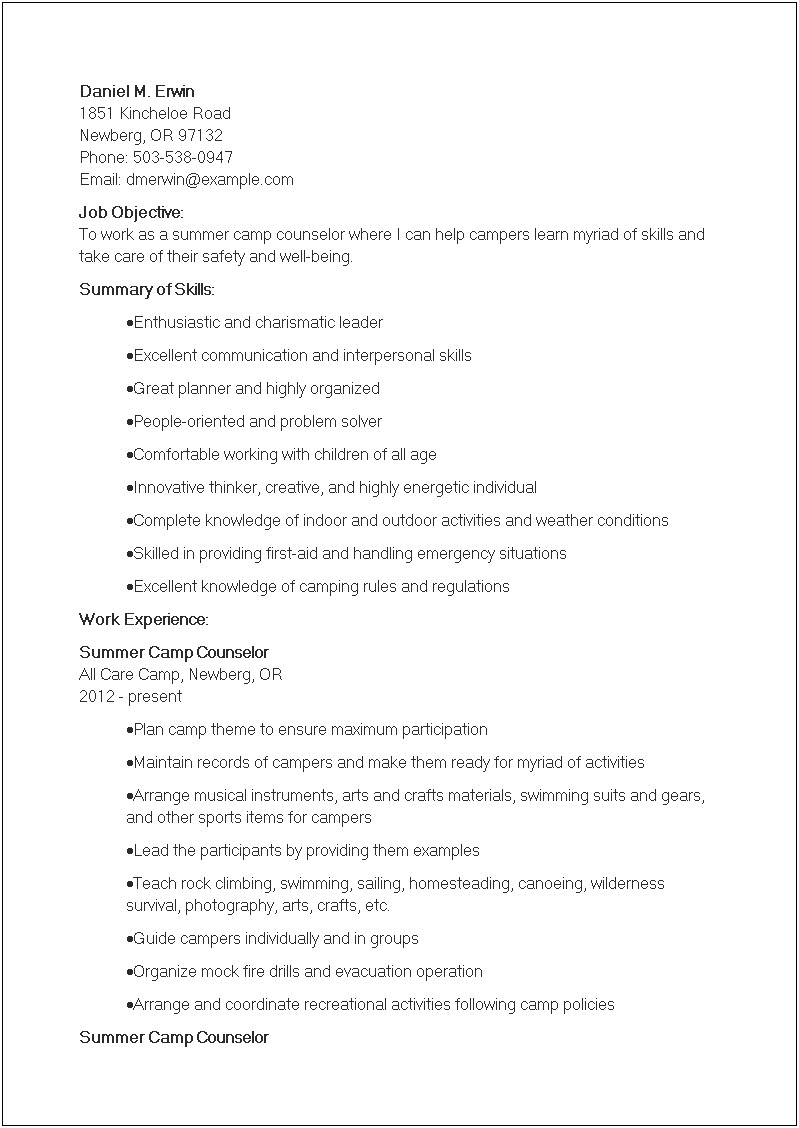 Resume Title For Educator Summer Camp Job