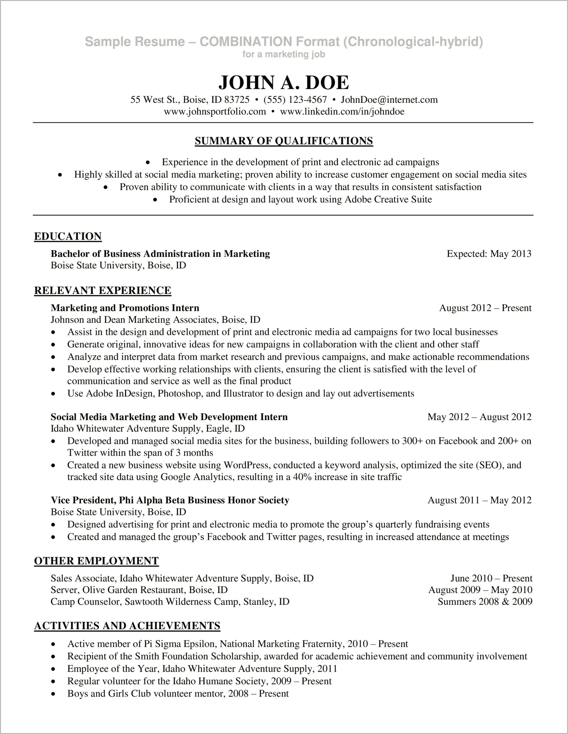 Resume To Get A Summer Job