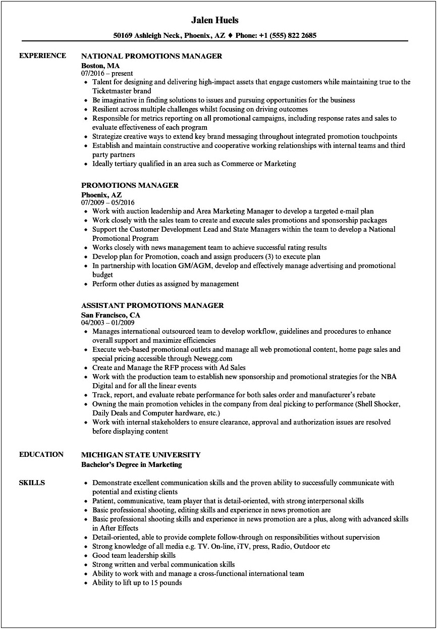 Resume To Obtain A Marketing And Promotions Job