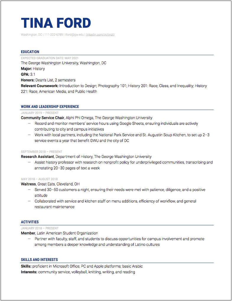 Resume To Restarant No Work Experience