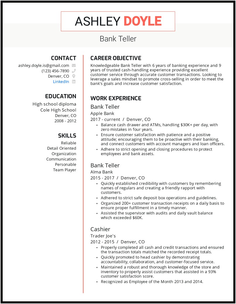 Resume To Work At A Bank