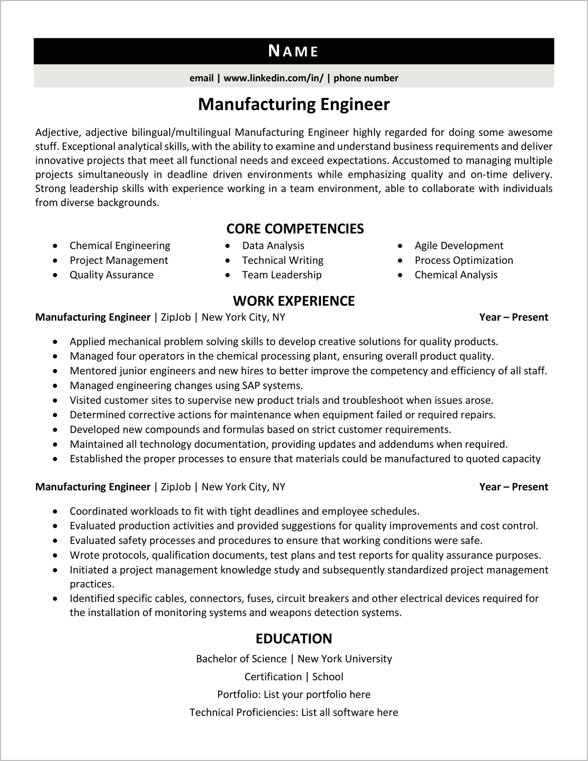 Resume To Work In A Factory