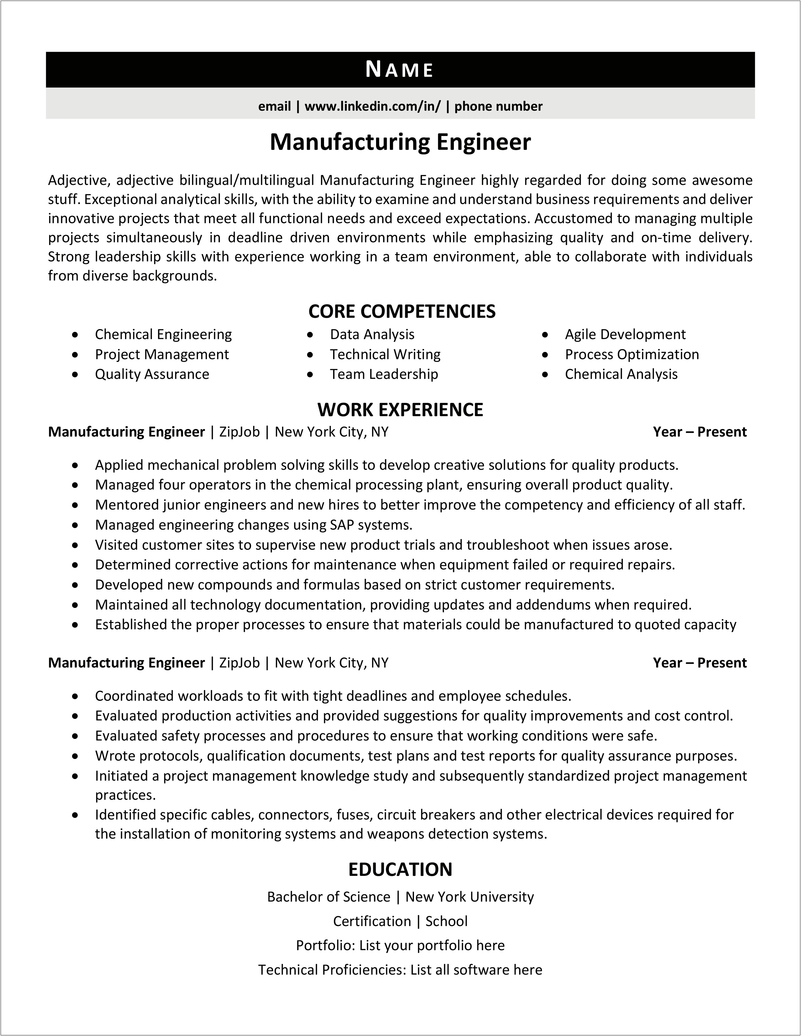 Resume To Work In A Factory