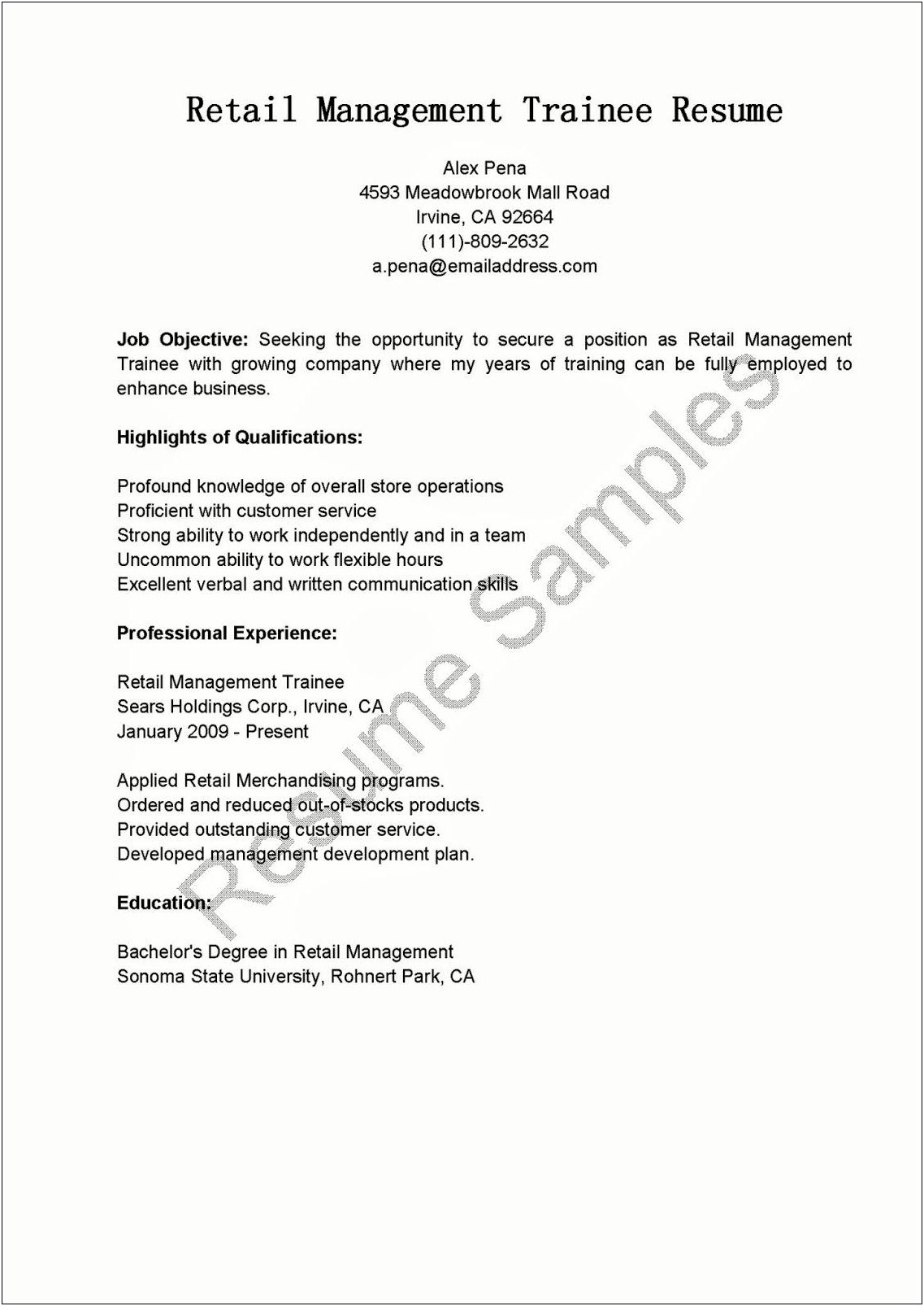 Resume To Work In A Retail Store