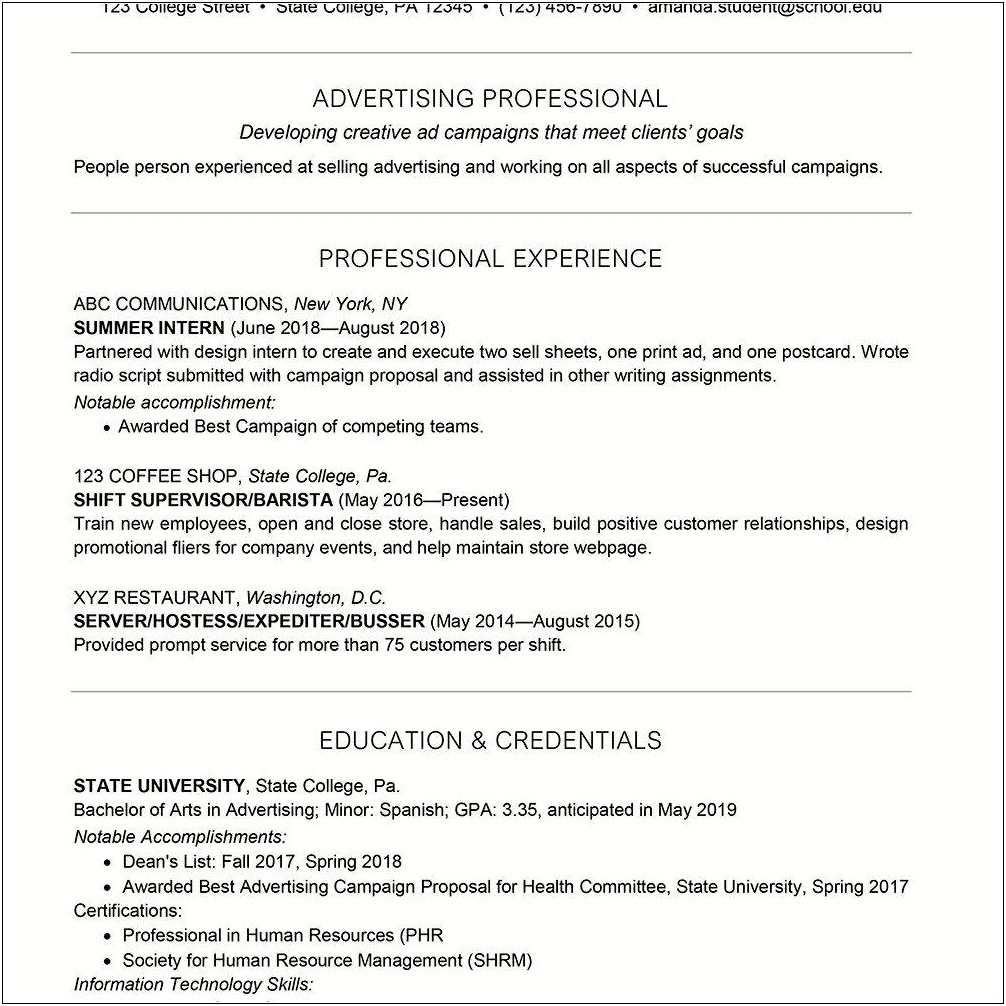 Resume With College Involvement As Experience