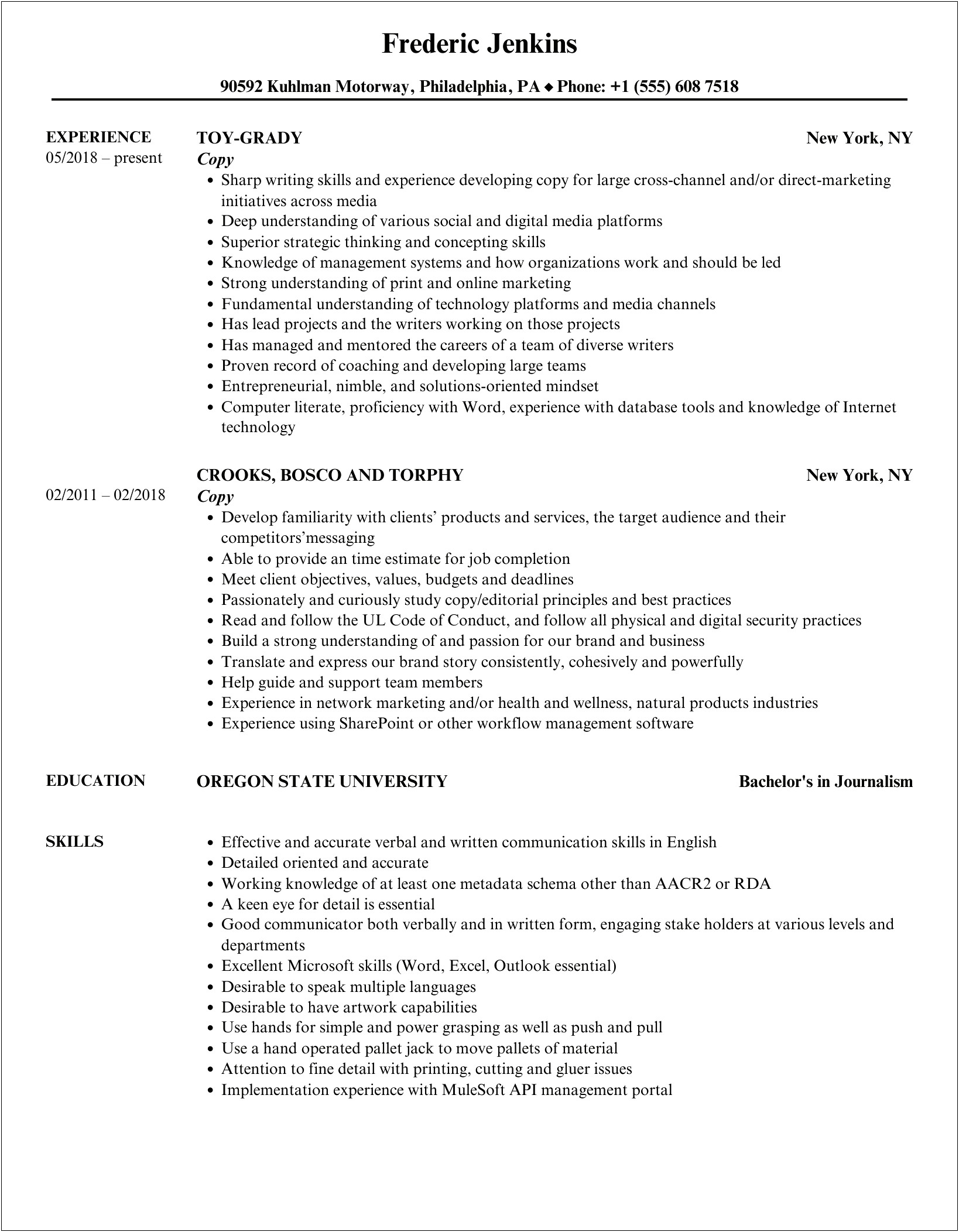 Resume With Copy And Print Experience