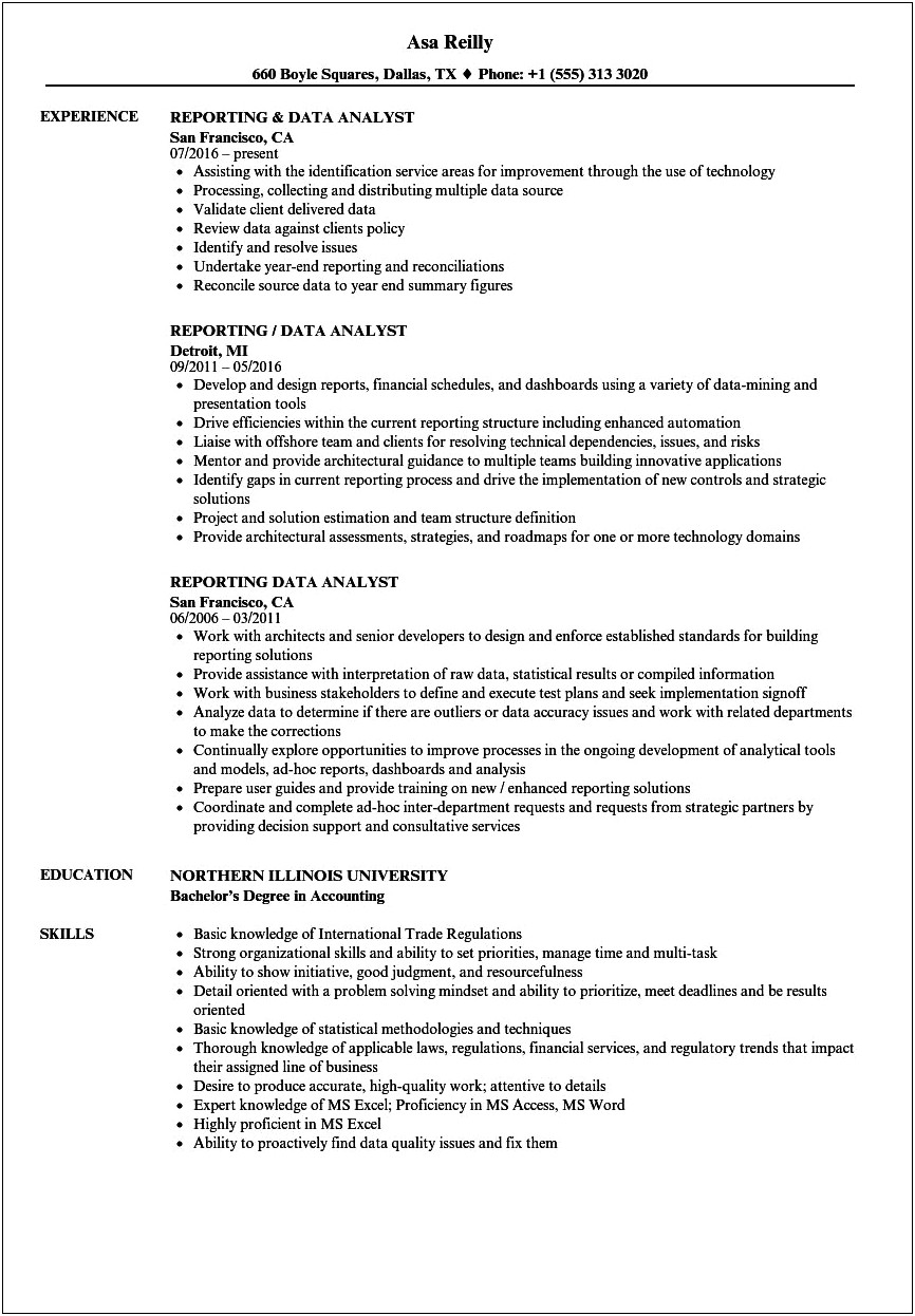 Resume With Knowledge Skills Abut Excel Intermediate