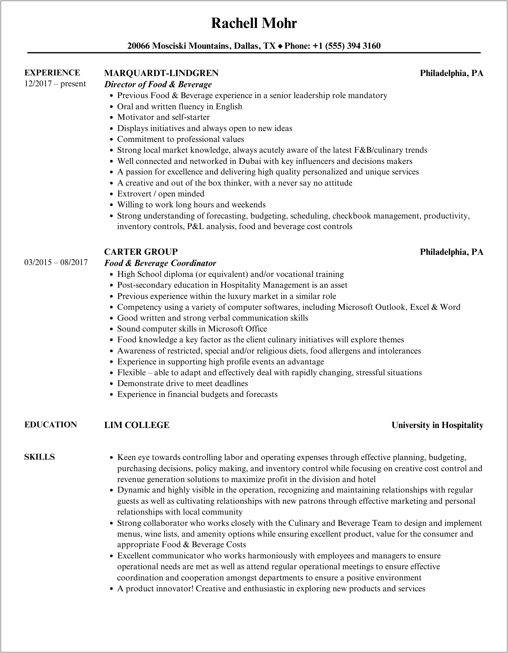 Resume Word For Food And Drink