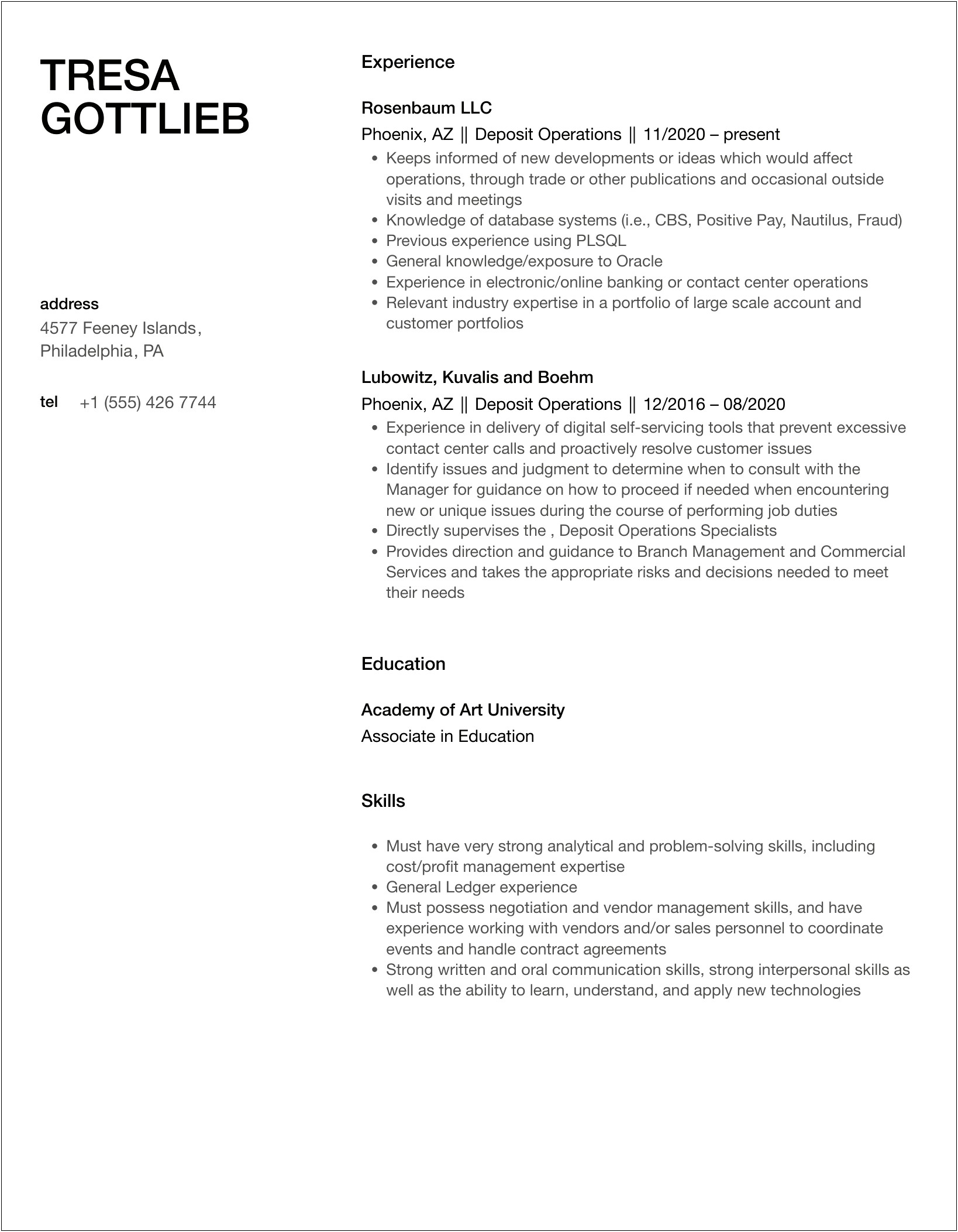 Resume Word For Handling Store Deposits