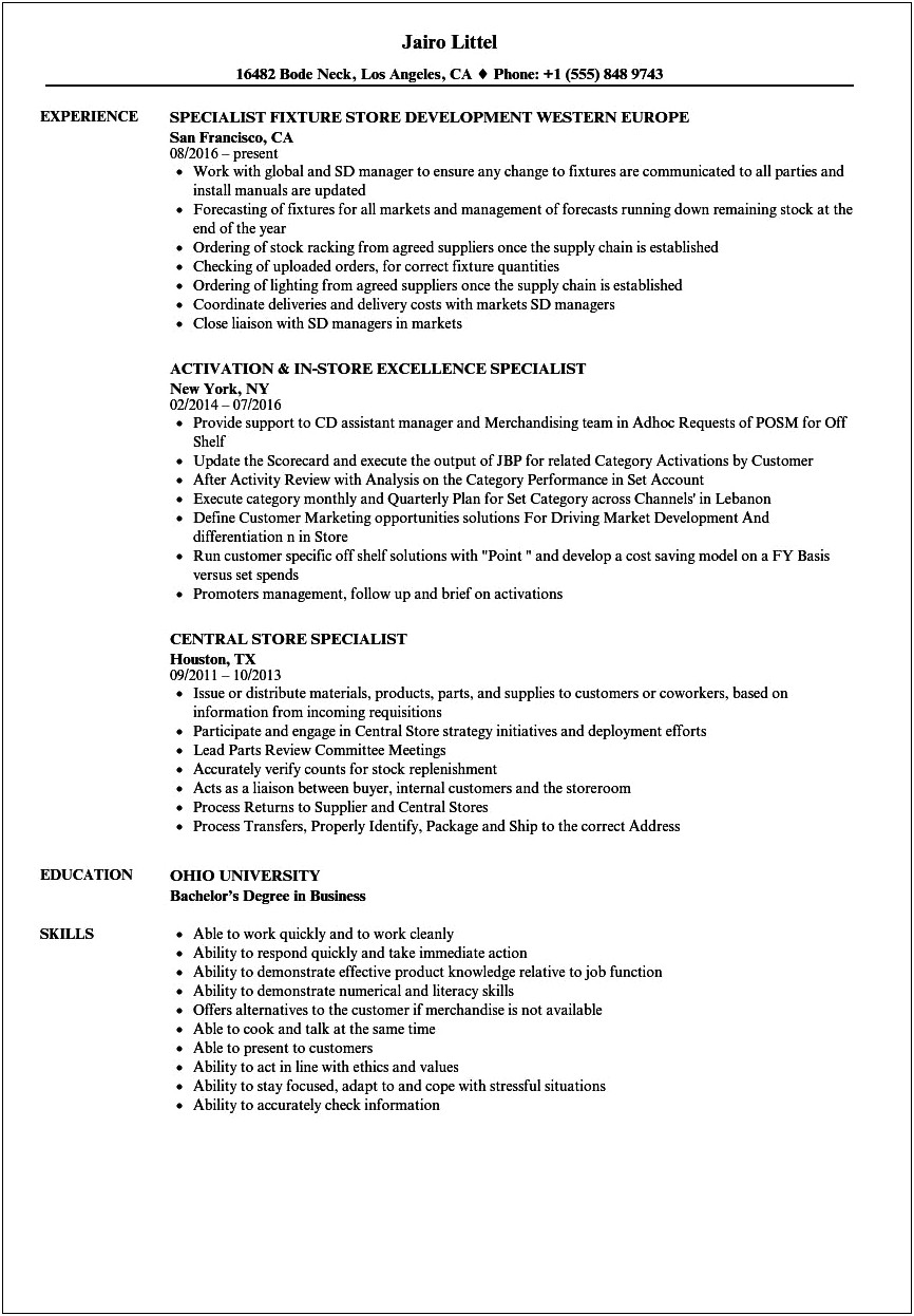 Resume Wording For A Merchandising Specialist