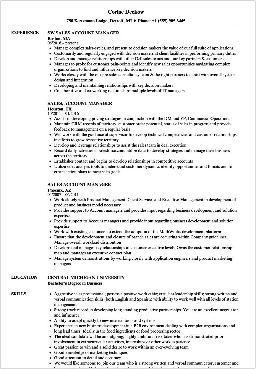 Resume Wording For Up Selling Account Manager