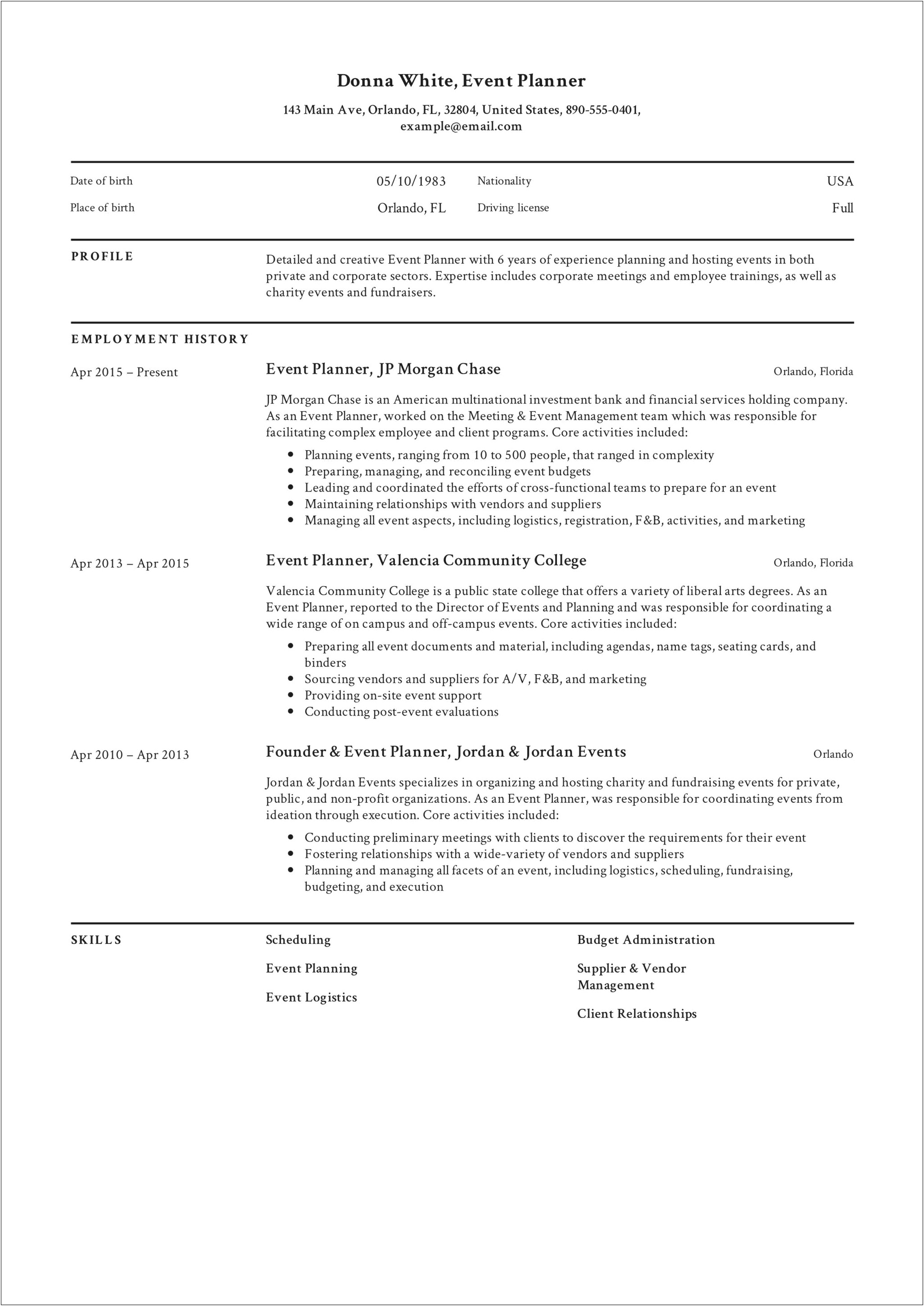 Resume Wording Office Ordering Event Planning