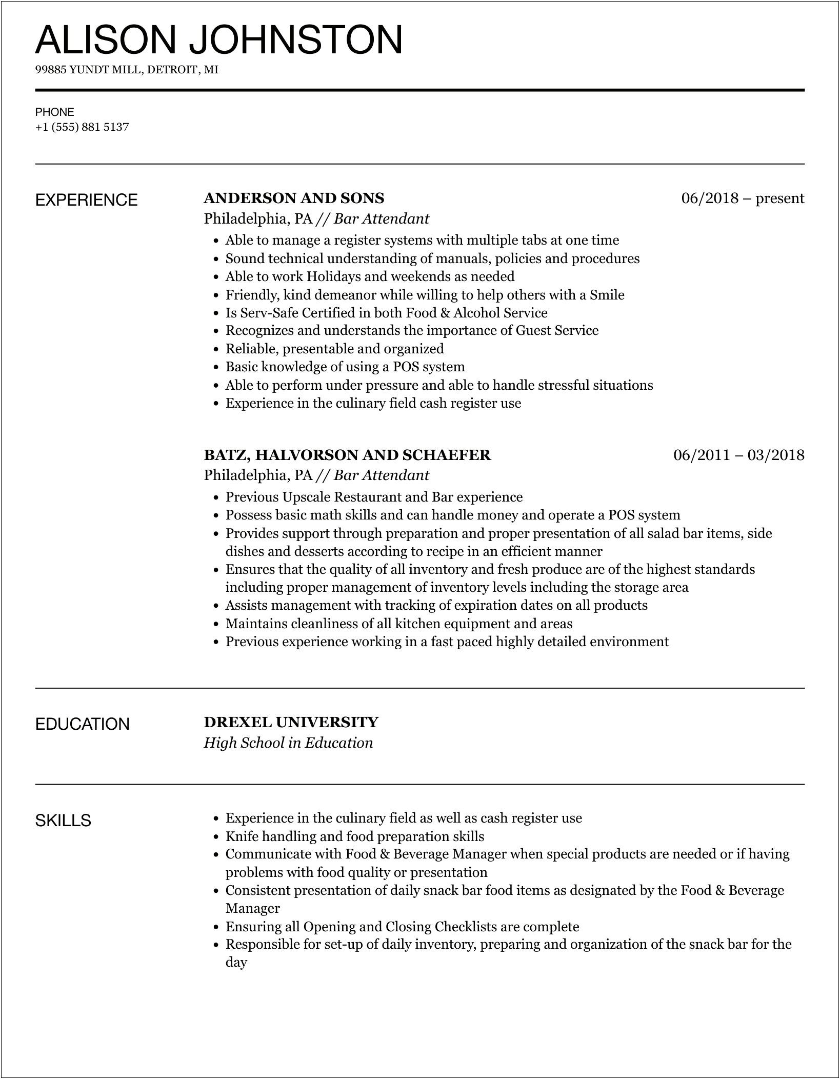 Resume Words For Snack Bar Worker