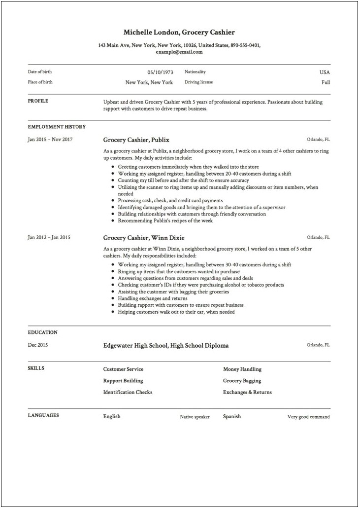 Resume Work Experience Examples For Cashier