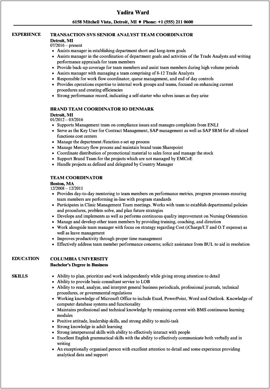 Resume Working With Multiple Departments To Create